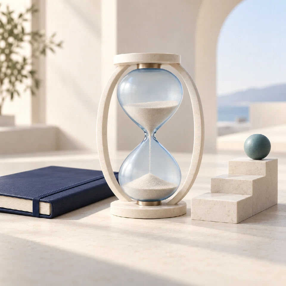 An hourglass, notebook, and orderly steps, representing time management and priorities